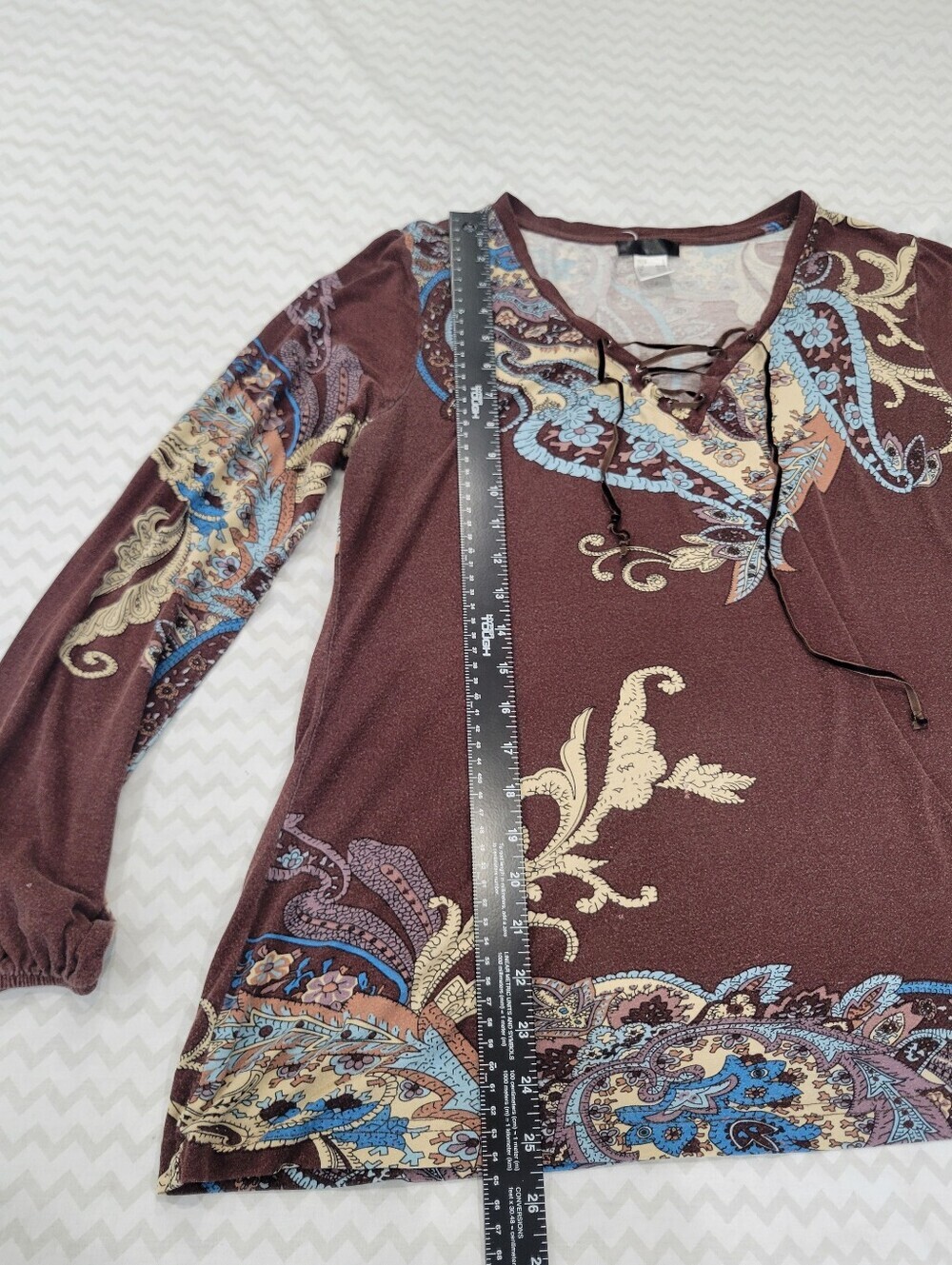 Women’s Lace-Up V-Neck Paisley Tunic Top - Brown/Blue With Cuffed Sleeves Sz - Picture 3 of 10